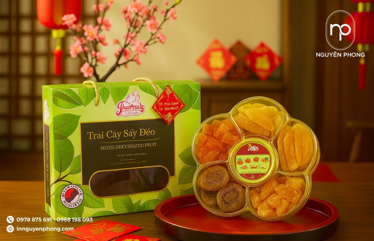 Mẫu hộp giấy đựng mứt tết thiết kế quai cầm